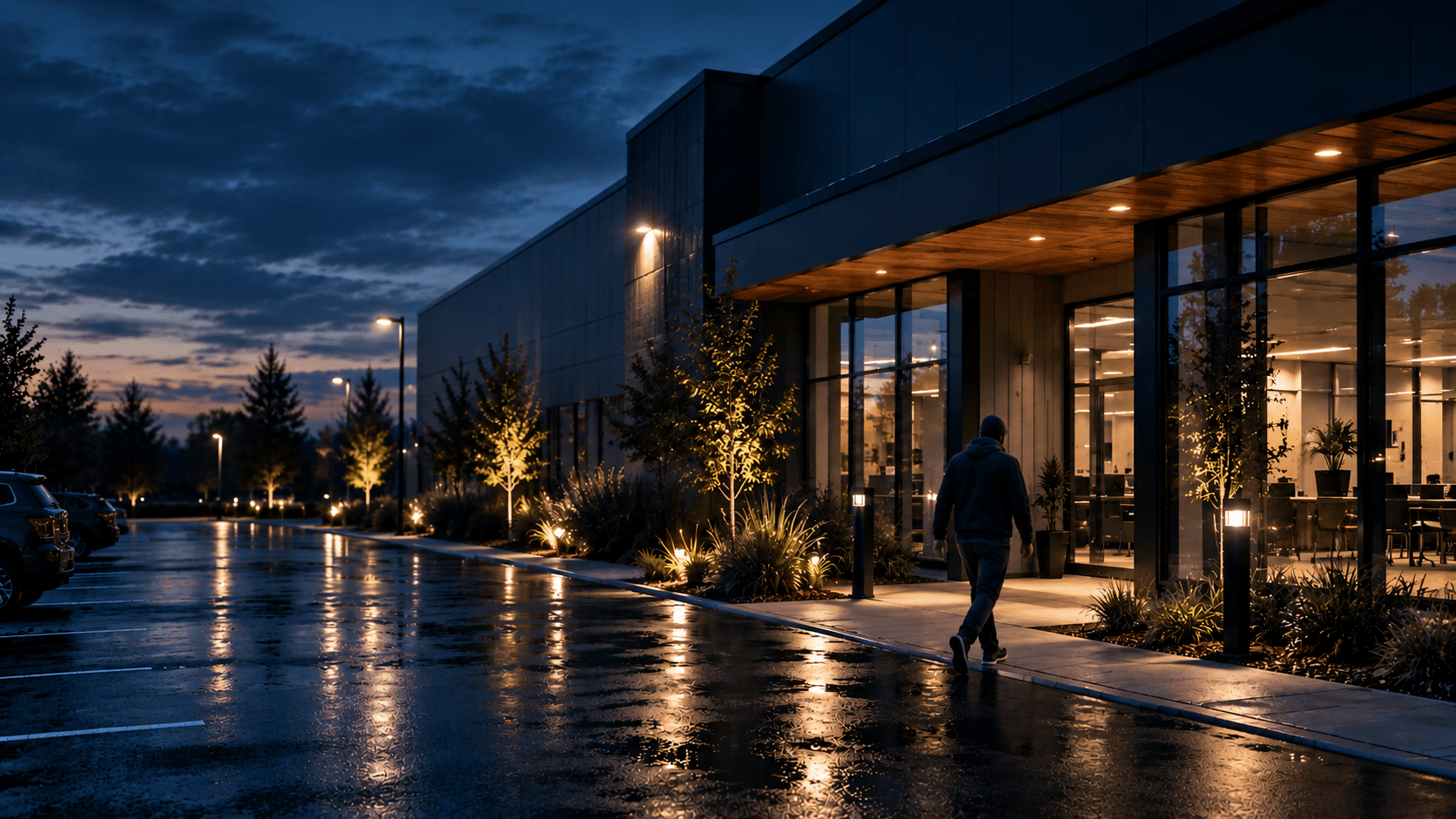 Person walking toward a lit office entrance at night across a rain-slicked parking lot